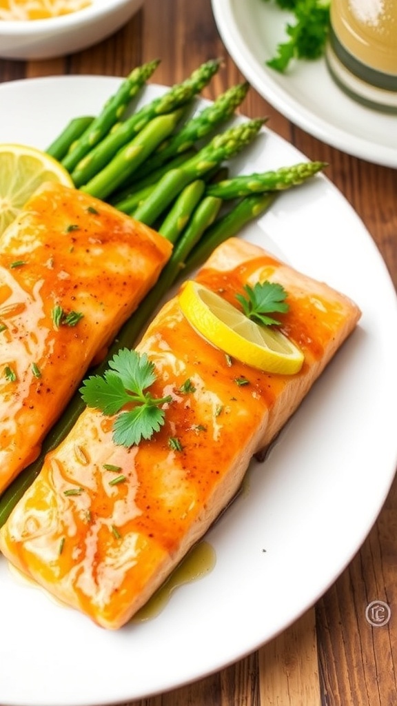 Honey Dijon salmon fillets garnished with parsley and lemon, served with asparagus on a rustic table.